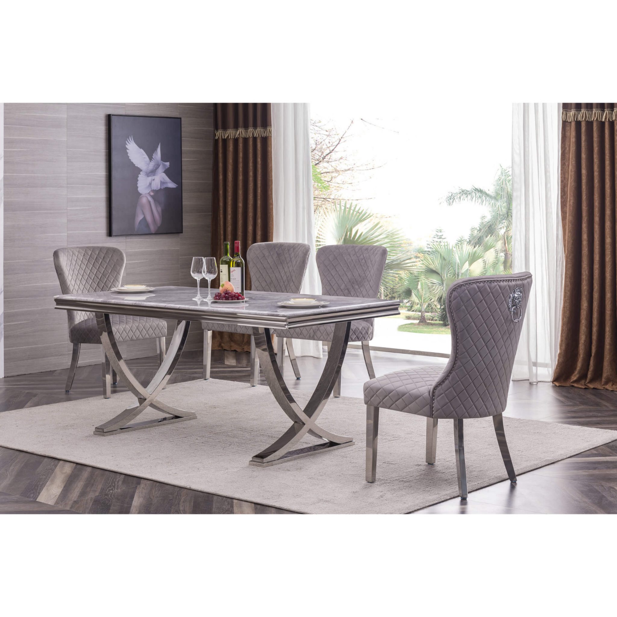 Antiga Velvet Fabric Dining Chair Grey with Stainless Steel Legs (Set of 2 Chairs)