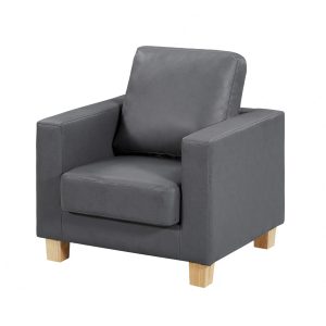 Grey Chesterfield 1 Seater Sofa with straight armrests and wooden legs, made of PU material, in a modern design.