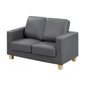 Chesterfield 2 Seater Sofa in grey PU material with two seat cushions, two back cushions, and wooden legs.