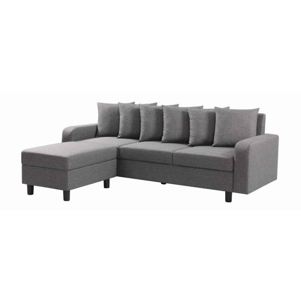 A grey sectional sofa with a reversible chaise lounge, featuring clean lines and plush cushions. Available in fabric and Leather Aire Grey. Dimensions: W1970 x D780 x H710-770mm.