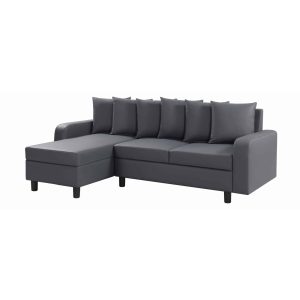 Modern grey sectional sofa with reversible chaise lounge and five matching cushions.