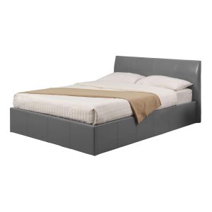 Modern grey faux leather bed with padded headboard and built-in storage compartments, featuring white bedding and a beige throw blanket.