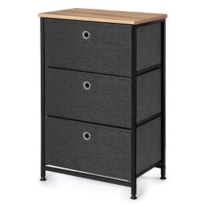 Lisbon Cabinet with three grey fabric drawers, black metal frame, and wood-like top surface.