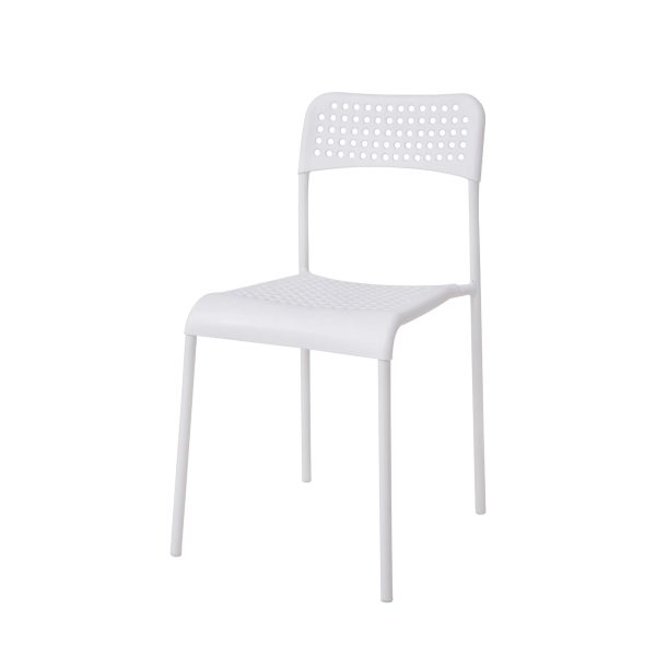 White Pavia Plastic (PP) Chair with metal legs, featuring a curved seat and perforated backrest, shown at an angle.