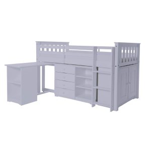 Grey Porto Midi Sleeper bed with pull-out desk, chest of drawers, bookcase, and cupboard. Elevated single bed with guardrails and ladder.