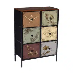 Seville 6 Drawer Cabinet with metal frame, non-woven fabric drawers, plastic handles, and decorative designs in soft colors.