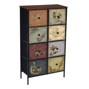 Seville Cabinet 8 Drawer with black metal frame, wooden top, and eight non-woven fabric drawers, each with a unique floral or ornamental design in various colors. The cabinet dimensions are 675mm in width, 300mm in depth, and 1175mm in height.