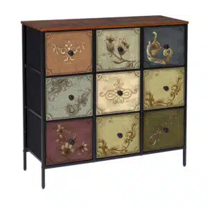 Seville 9 Drawer Cabinet with black metal frame, nine non-woven fabric drawers in a 3x3 grid, each drawer featuring unique patterns and colors (brown, green, blue, beige), plastic handles, dimensions 1000mm width, 300mm depth, 920mm height.