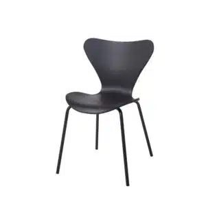 Black stackable chair with a plastic seat and matching metal legs, featuring a minimalist and ergonomic design.