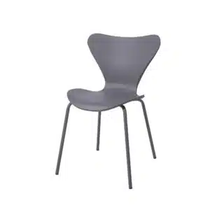 A grey stackable chair with a plastic seat and matching metal legs. The chair dimensions are 495mm in width, 500mm in depth, and 810mm in height. This chair is available in black, grey, and white, and is sold in packs of four.