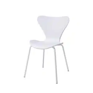 White stackable chair with a plastic seat and matching metal legs, featuring a minimalist and ergonomic design.