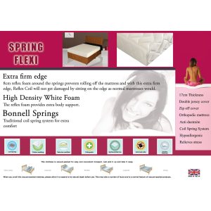 Spring Flexi Mattress with extra firm edge, high-density white foam, and Bonnell springs, covered with a double jersey cover. Orthopedic, anti-dustmite, and hypoallergenic. Vacuum-packed for easy transport. Made in the UK.