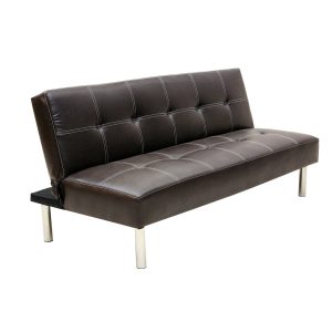 Venus 3 Seater Sofa Bed in black and brown PVC with tufted upholstery and metal legs, convertible to a bed.